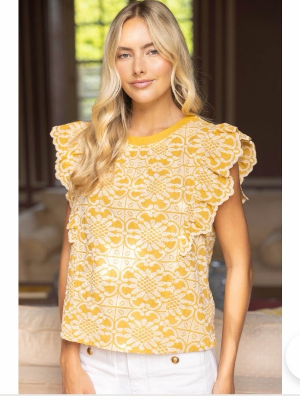 Voy NWT Yellow Embroidered Ruffle Top L